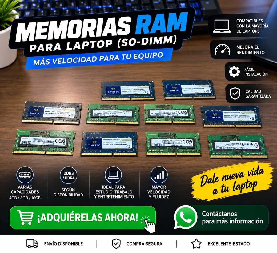Memorias RAM SODIMM para laptop disponibles en la tienda
