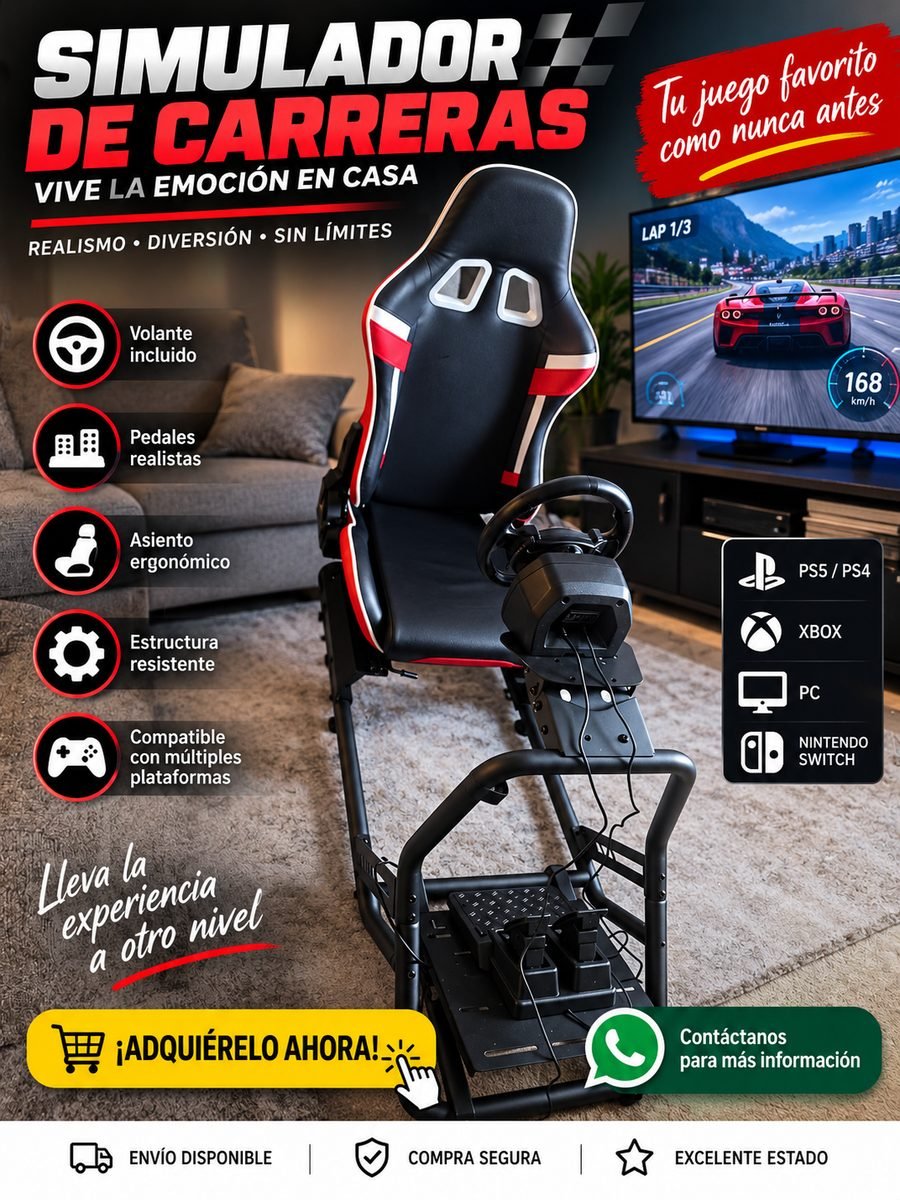 Simulador de carreras con volante, pedales y asiento
